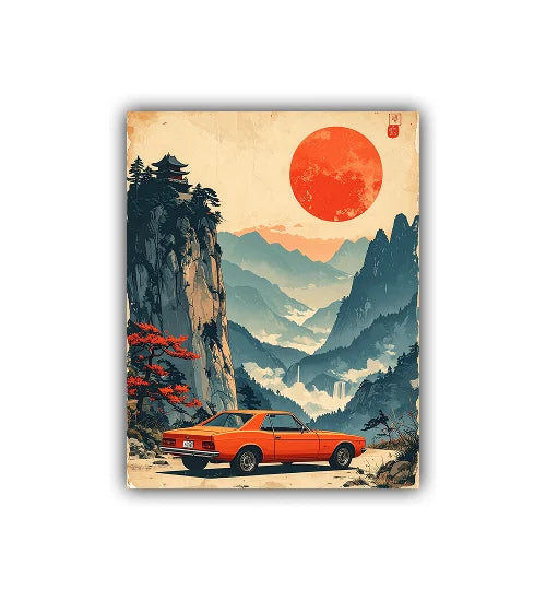 Nostalgic retro car sunset poster