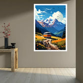 A framed vertical art print depicting a retro orange and white van traveling along a dirt road through a vibrant mountain valley under a blue sky, displayed on a beige wall in a modern room setting.
