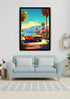 A framed vertical art print depicting a retro orange convertible car on a coastal road lined with palm trees, displayed on a light gray wall above a light blue sofa in a modern living room setting.