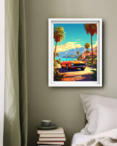 Colorful retro car beach road canvas wall art
