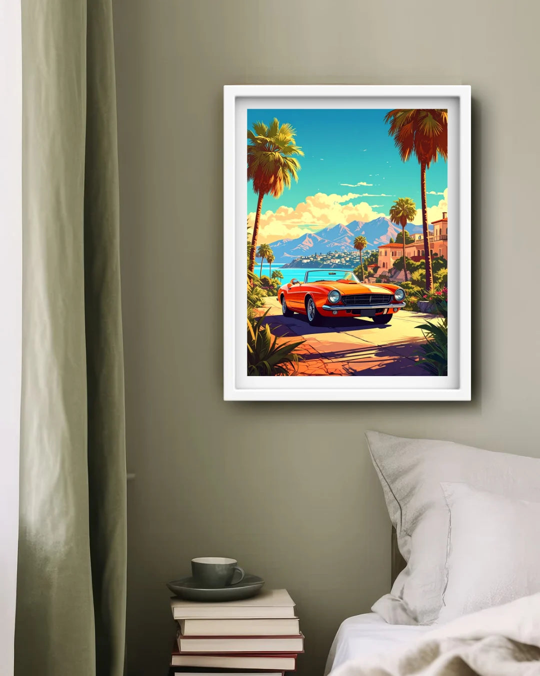 Colorful retro car beach road canvas wall art
