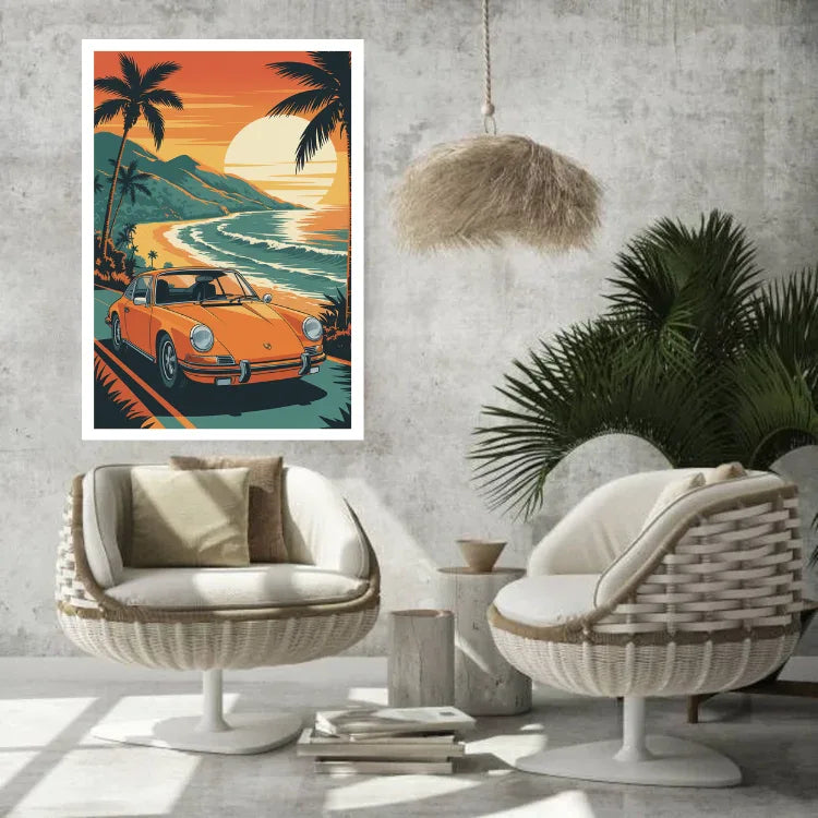 A framed art print featuring a retro orange sports car on a tropical beach sunset road trip, displayed on a textured gray wall in a modern living room setting with two wicker armchairs and a palm plant.