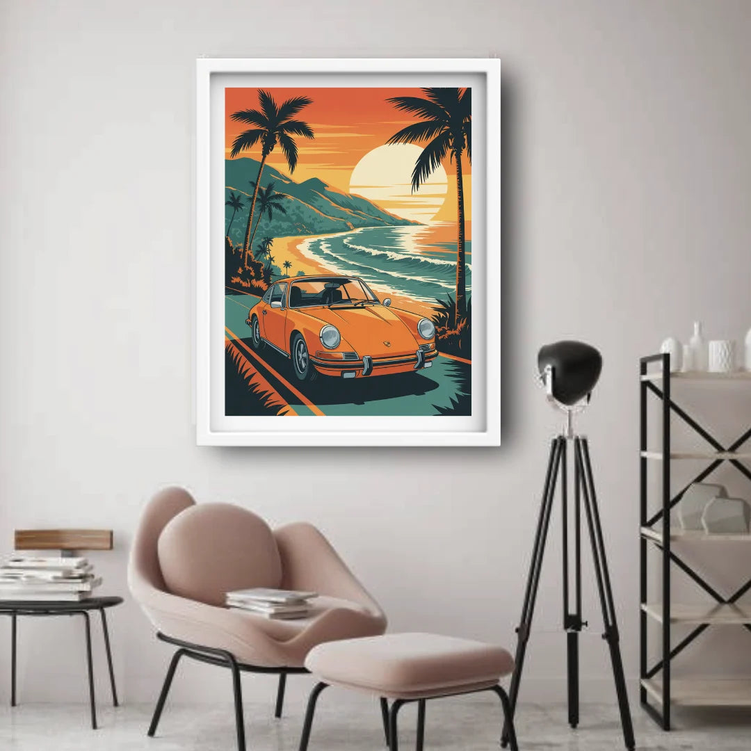 Retro beach sunset artwork with classic car
