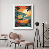 Retro beach sunset artwork with classic car