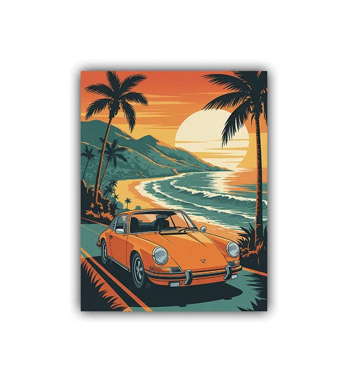 Classic car coastal road retro wall art