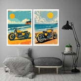 A pair of framed wall art prints featuring retro-style yellow motorcycles on beach scenes, displayed above a bench in a styled living room with a gray wall, black floor lamp, and small side table.