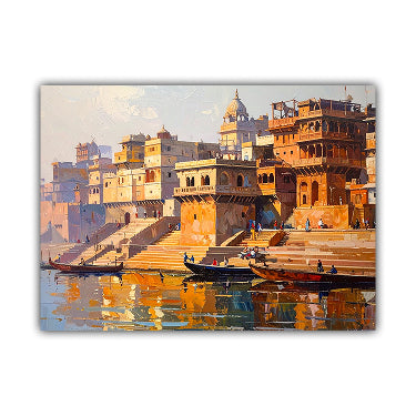 A rectangular canvas print depicting a warm-toned painting of a riverfront city with stepped ghats, boats, and reflections in the water, shown against a plain white background.