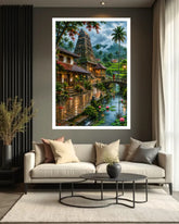 A large framed wall art print depicting a tropical temple and canal scene with palm trees, lanterns, and reflective water, displayed above a modern beige sofa in a styled living room.