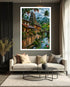 A large framed wall art print depicting a tropical temple and canal scene with palm trees, lanterns, and reflective water, displayed above a modern beige sofa in a styled living room.