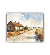 Painting of a small house by a road with a blue sky.