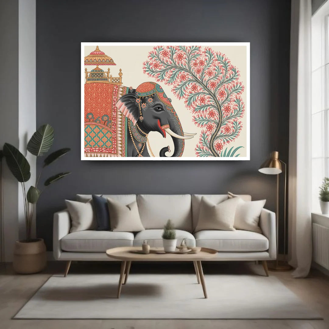 Royal Indian elephant canvas painting for living room wall decor, traditional folk wall art