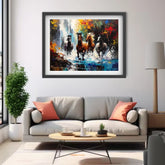 Framed abstract painting of horses in a modern living room.