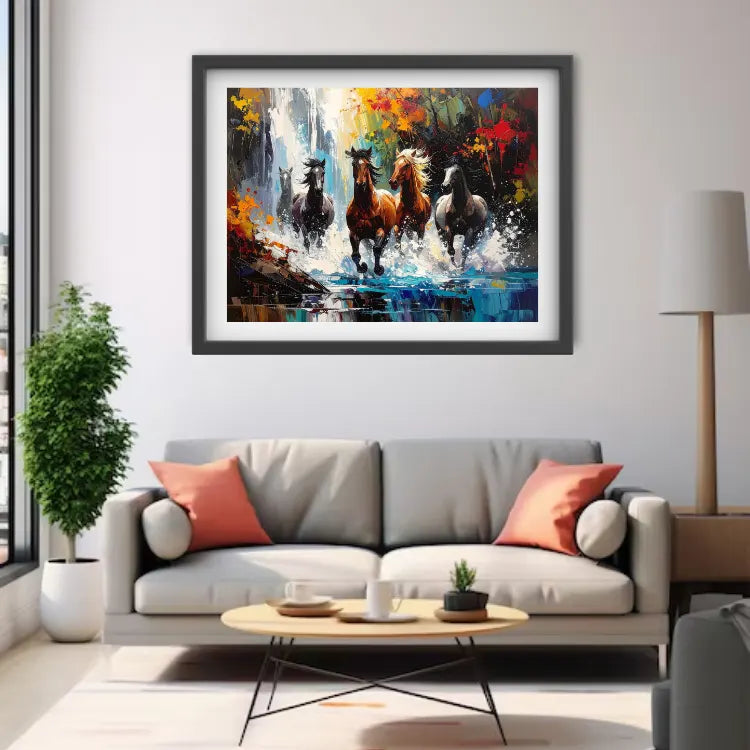 Framed abstract painting of horses in a modern living room.