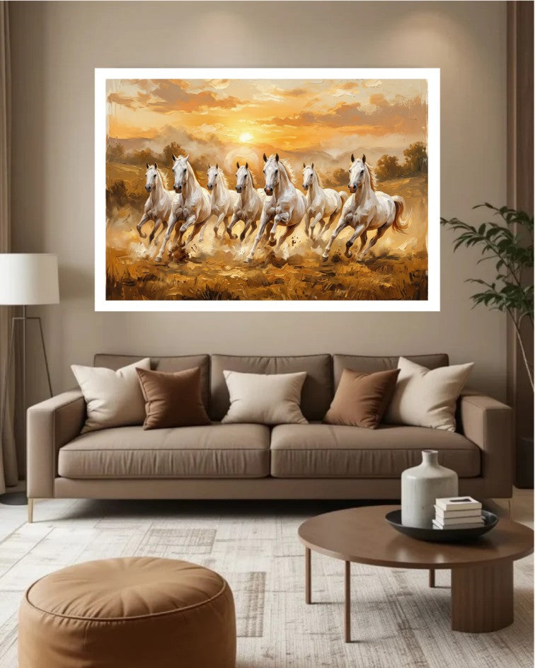 Running horses canvas wall art displayed in a modern living room with elegant neutral décor.