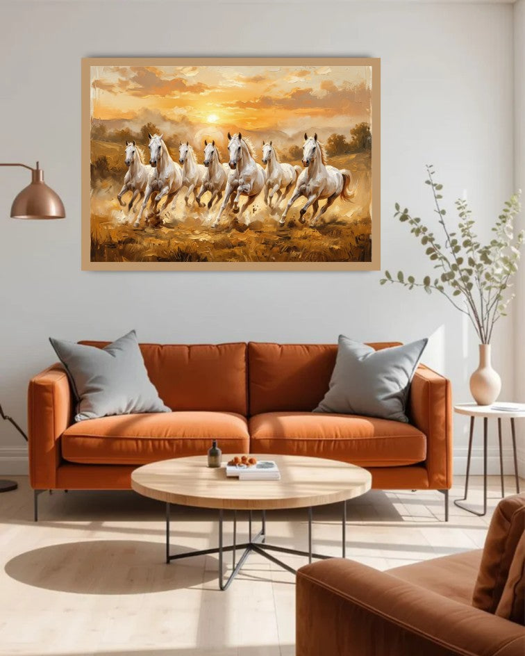 Premium running horses wall art adding warmth and elegance to a luxurious modern lounge.