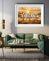 Running horses canvas artwork displayed in a minimalist living room with contemporary décor.