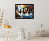 Running horses wall art canvas painting displayed in modern home interior