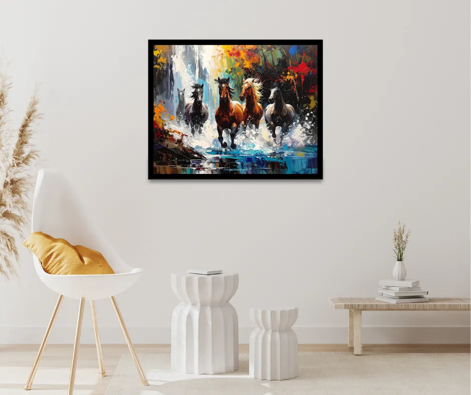 Running horses wall art canvas painting displayed in modern home interior