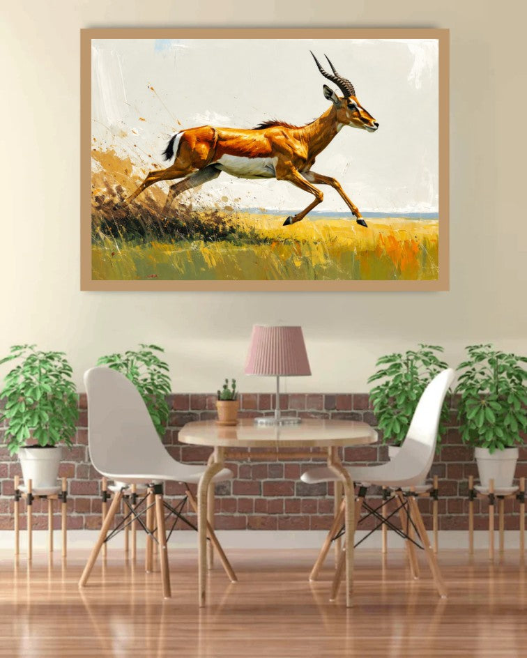 Dining room with a painting of a running antelope on the wall above a table.