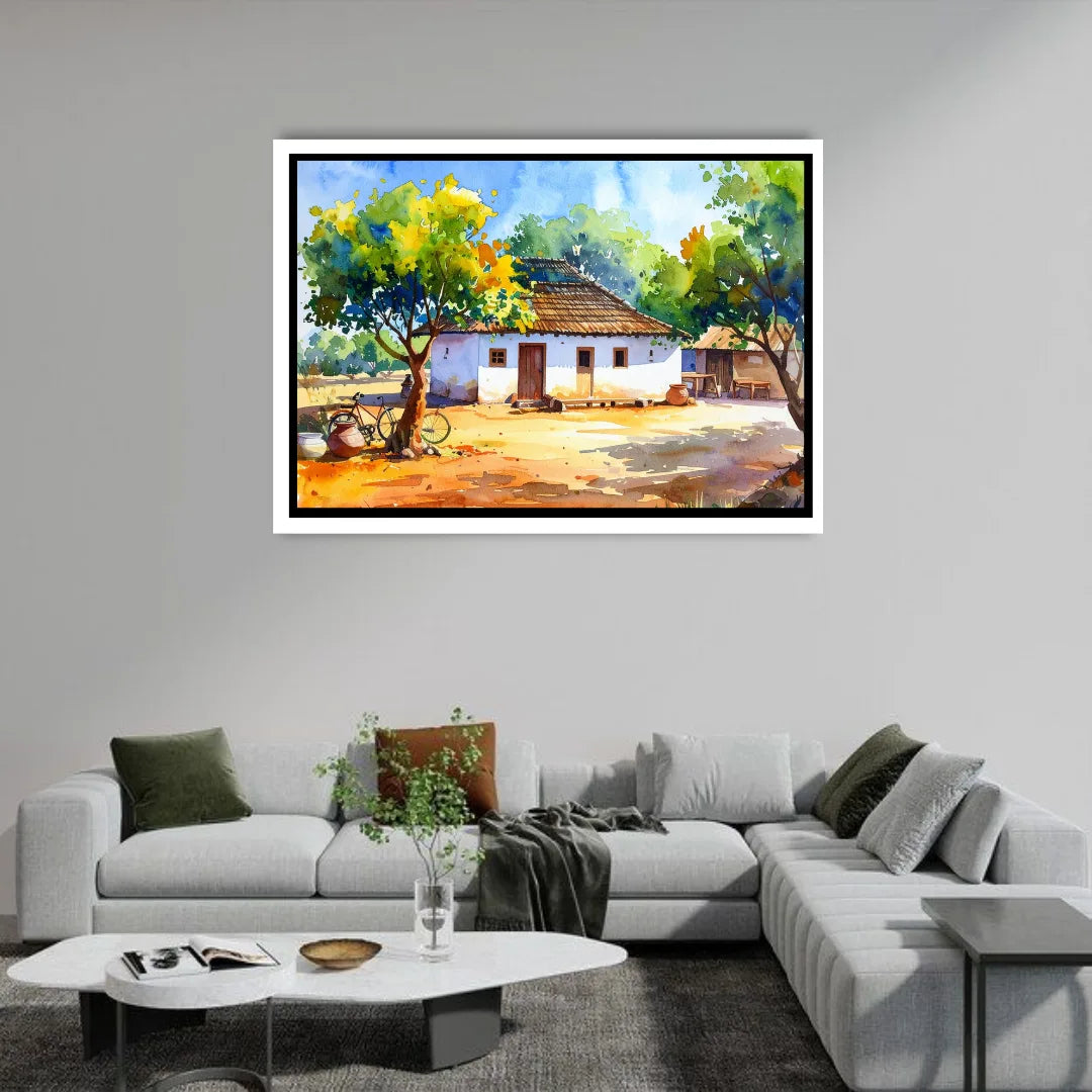 Framed landscape painting of a rural scene above a modern living room setup.
