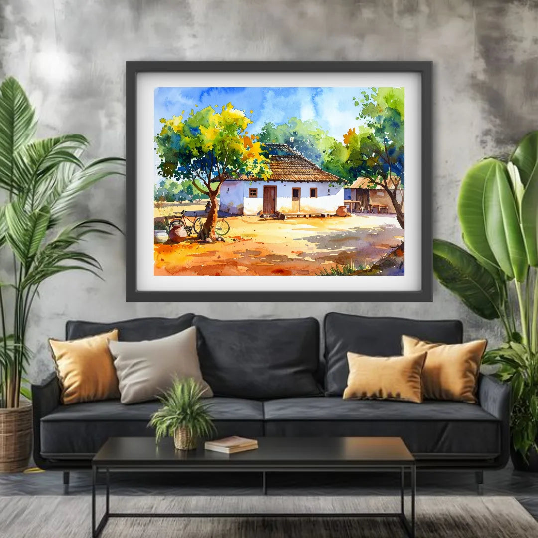 Framed landscape painting above a black sofa in a living room with plants and a coffee table.