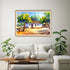 Framed landscape painting above a white sofa in a living room.