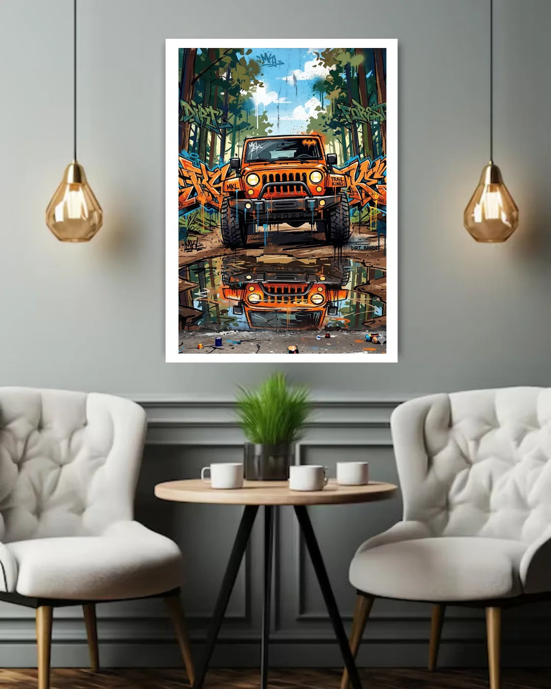 vintage off-road vehicle painting displayed in stylish home interior