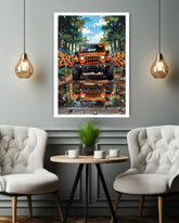 vintage off-road vehicle painting displayed in stylish home interior