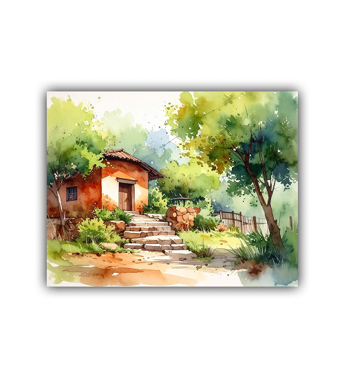 Painting of a rustic house with a path leading to it, surrounded by trees and greenery.