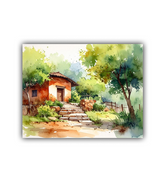 Painting of a rustic house with a path leading to it, surrounded by trees and greenery.