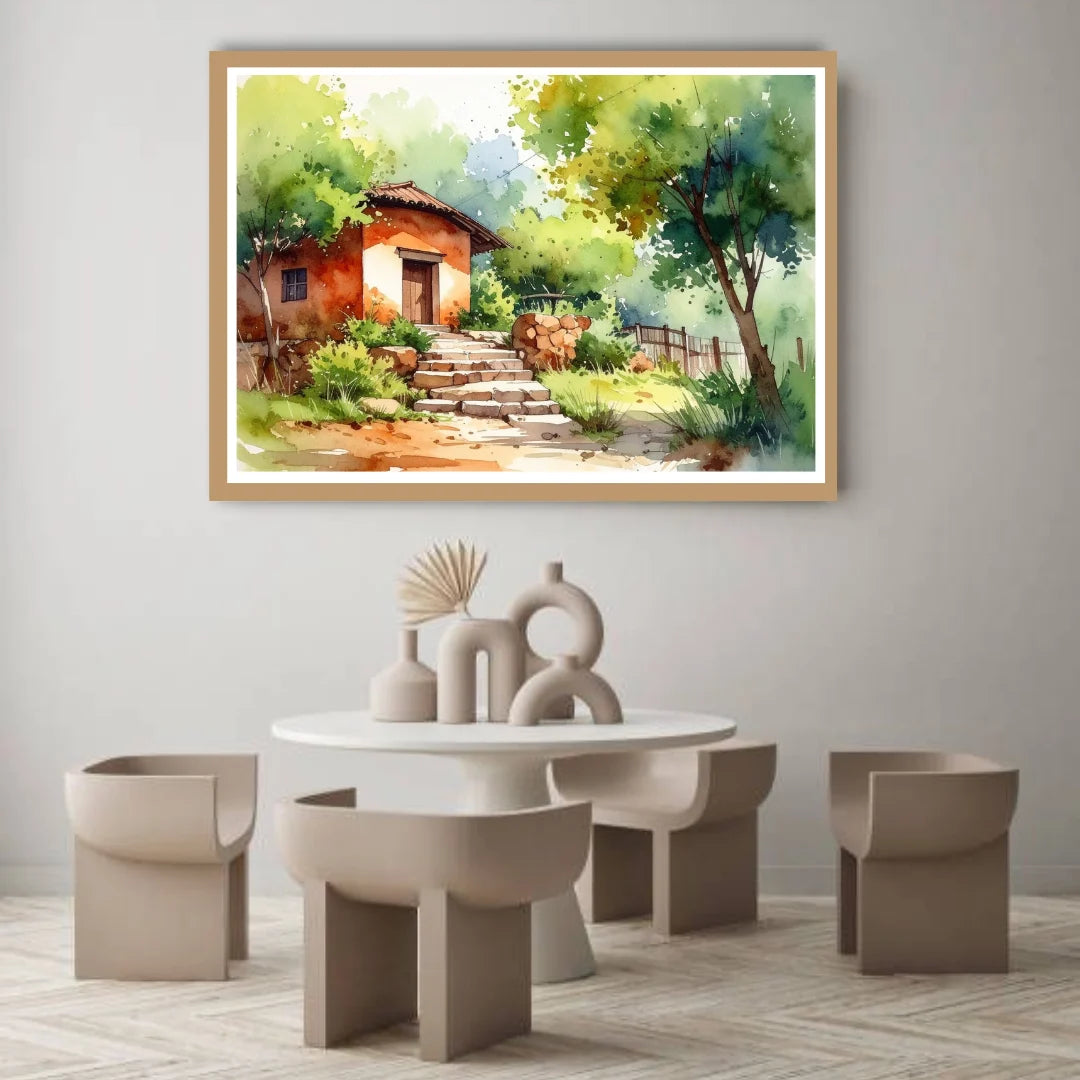 Dining room with a table and chairs, framed artwork on the wall, and decorative vases.