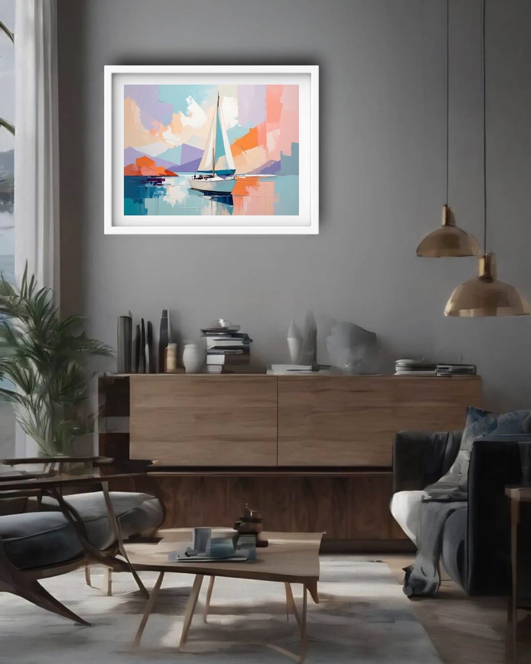 sailboat wall art displayed in stylish and cozy living room