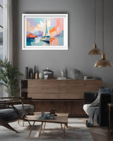 sailboat wall art displayed in stylish and cozy living room