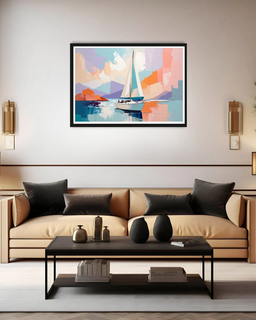 abstract sailboat wall art canvas displayed in modern living room interior