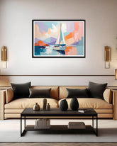 abstract sailboat wall art canvas displayed in modern living room interior