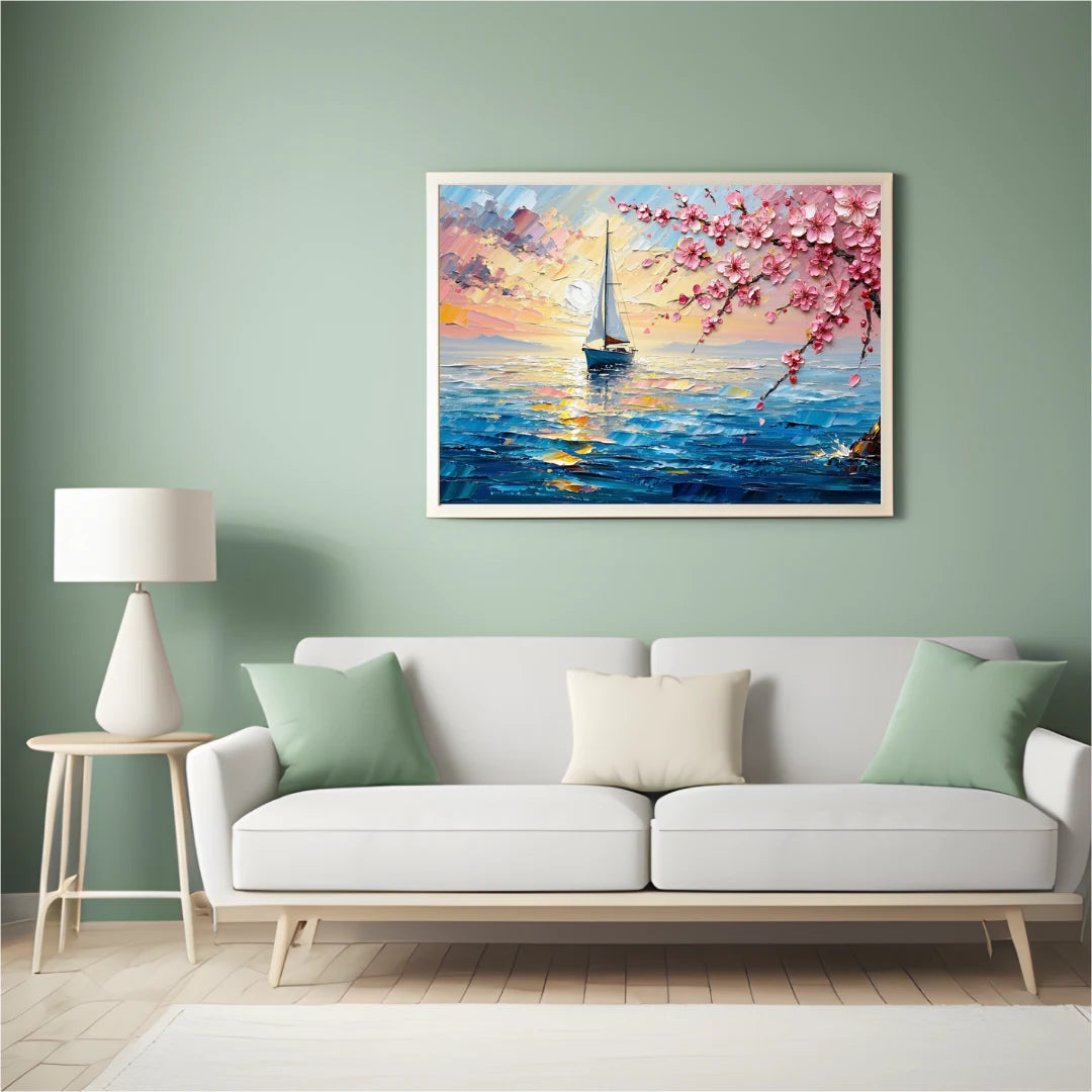 Framed artwork of a sailboat and cherry blossoms above a white sofa in a living room.