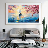Framed painting of a sailboat under cherry blossoms in a living room setting.