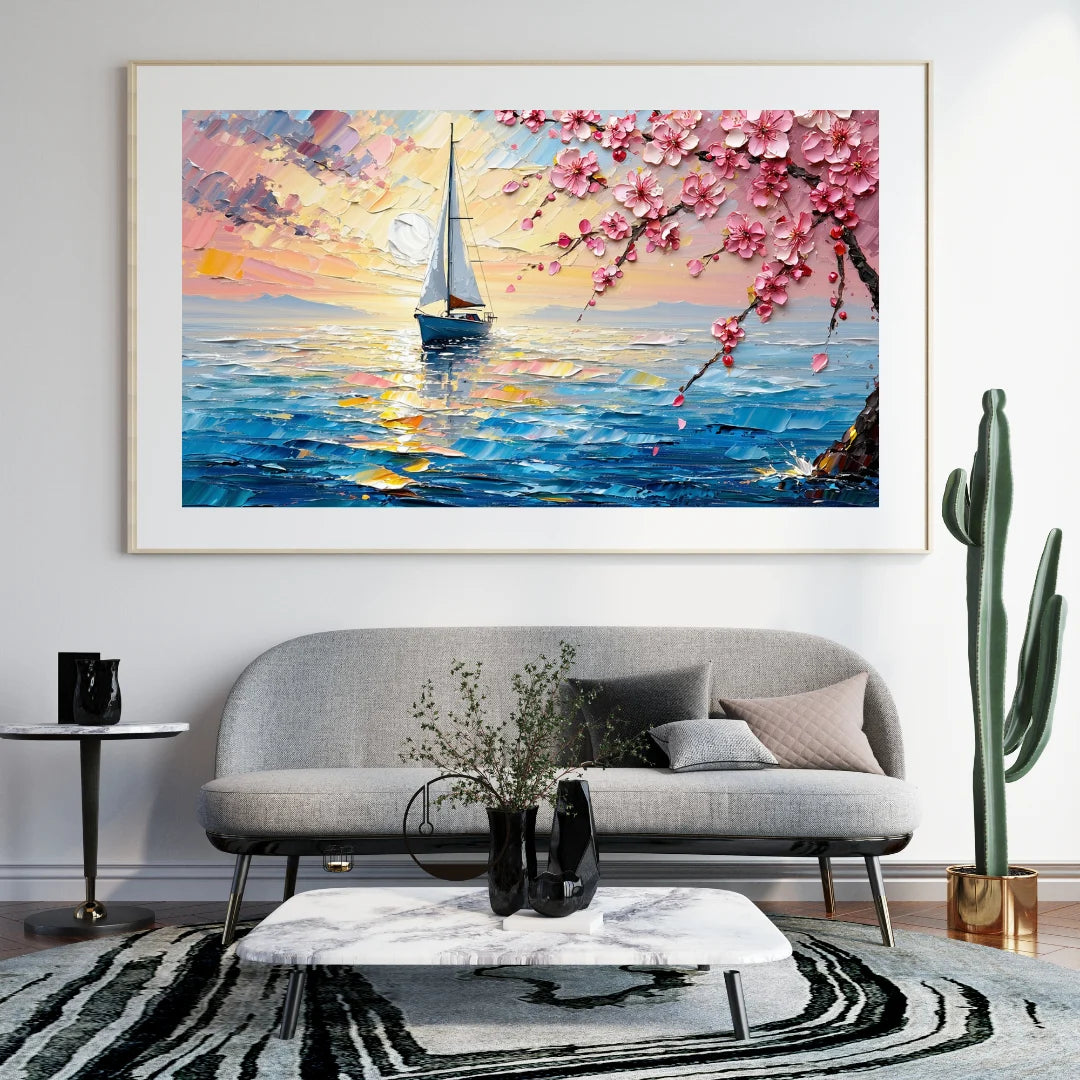 Framed painting of a sailboat under cherry blossoms in a living room setting.