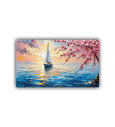 Painting of a sailboat on water with cherry blossoms, set against a colorful sky.