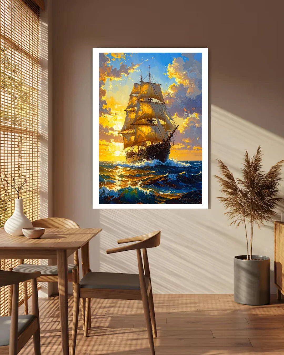 sailing ship wall art canvas displayed in modern dining area setup