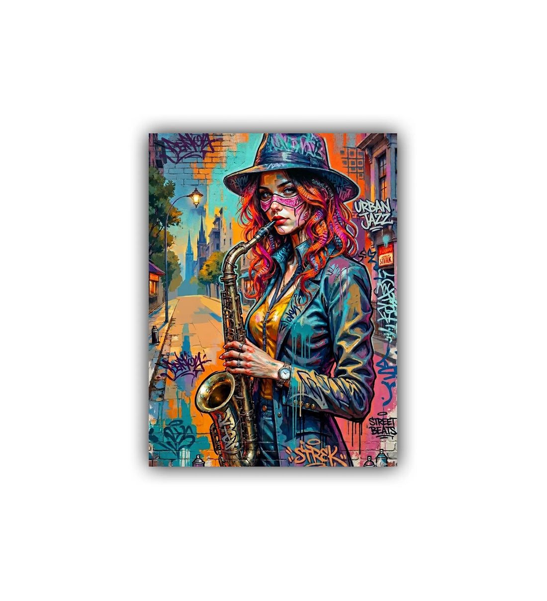 close-up of graffiti saxophone wall art canvas