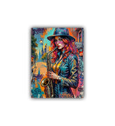 close-up of graffiti saxophone wall art canvas
