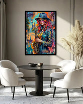 Colorful artwork of a woman playing saxophone in a modern living room setting.