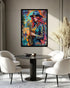 Colorful artwork of a woman playing saxophone in a modern living room setting.