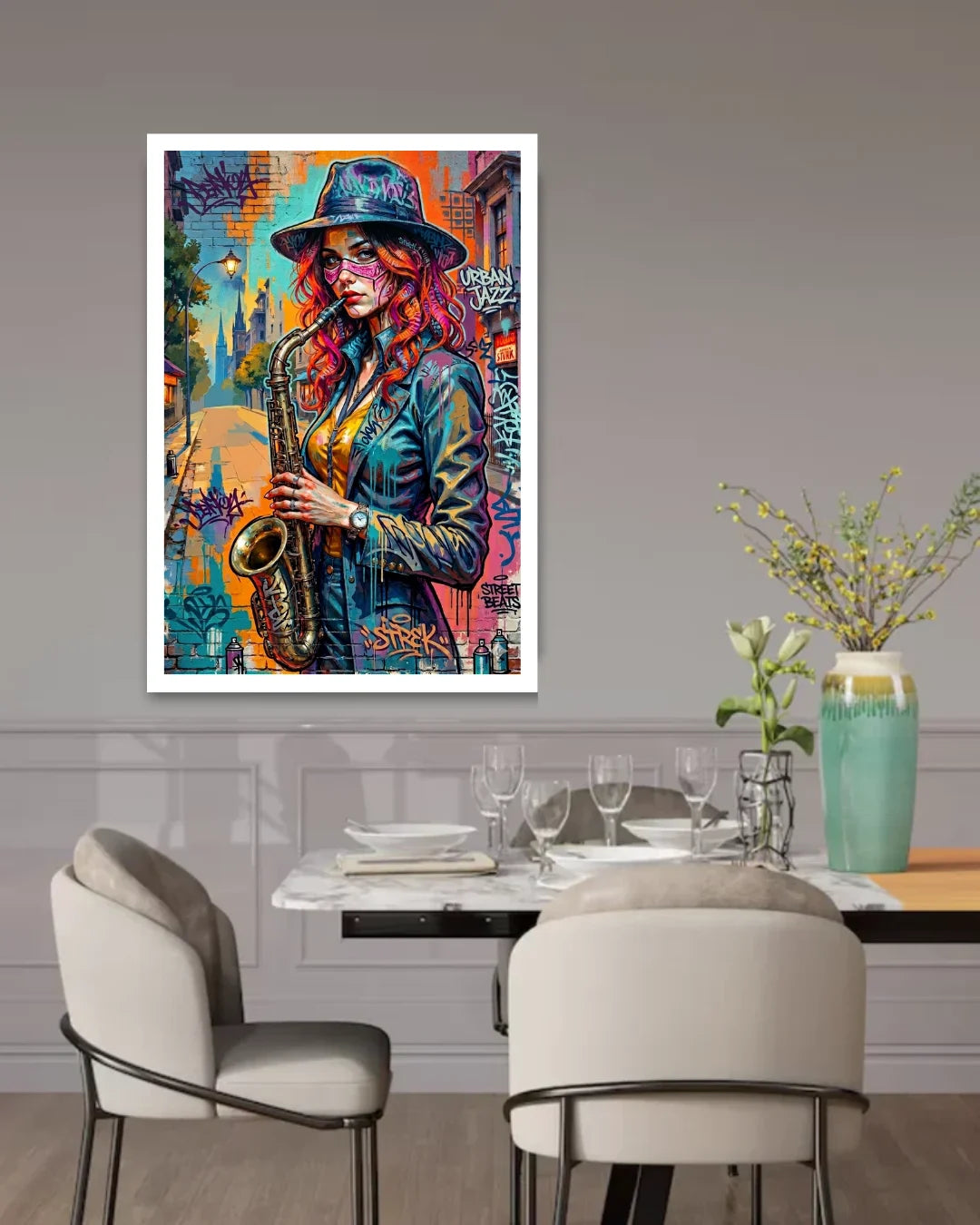 Colorful painting of a woman playing a saxophone on a wall above a dining table.
