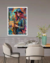 Colorful painting of a woman playing a saxophone on a wall above a dining table.