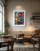 graffiti saxophone canvas artwork displayed in cozy living room