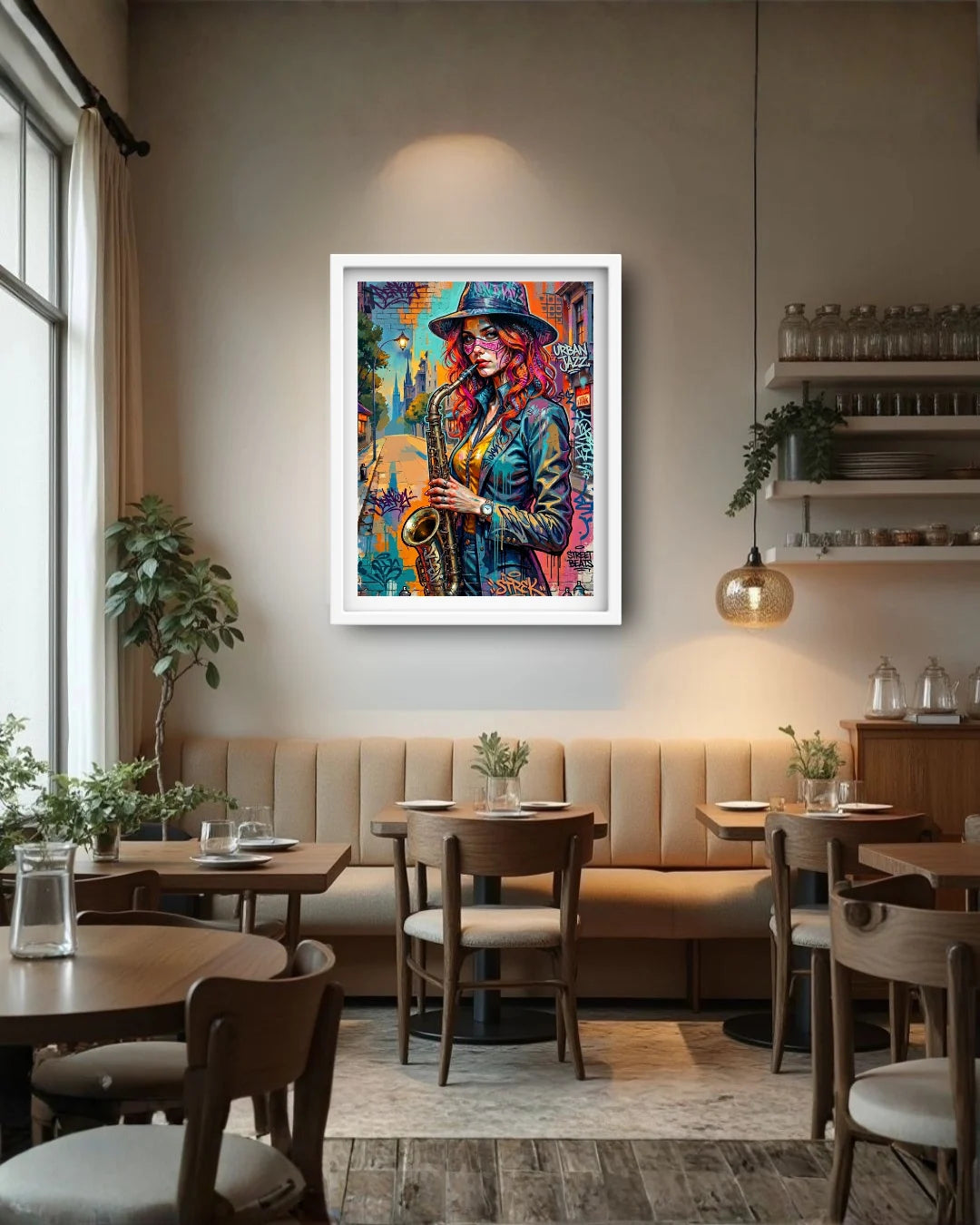 graffiti saxophone canvas artwork displayed in cozy living room