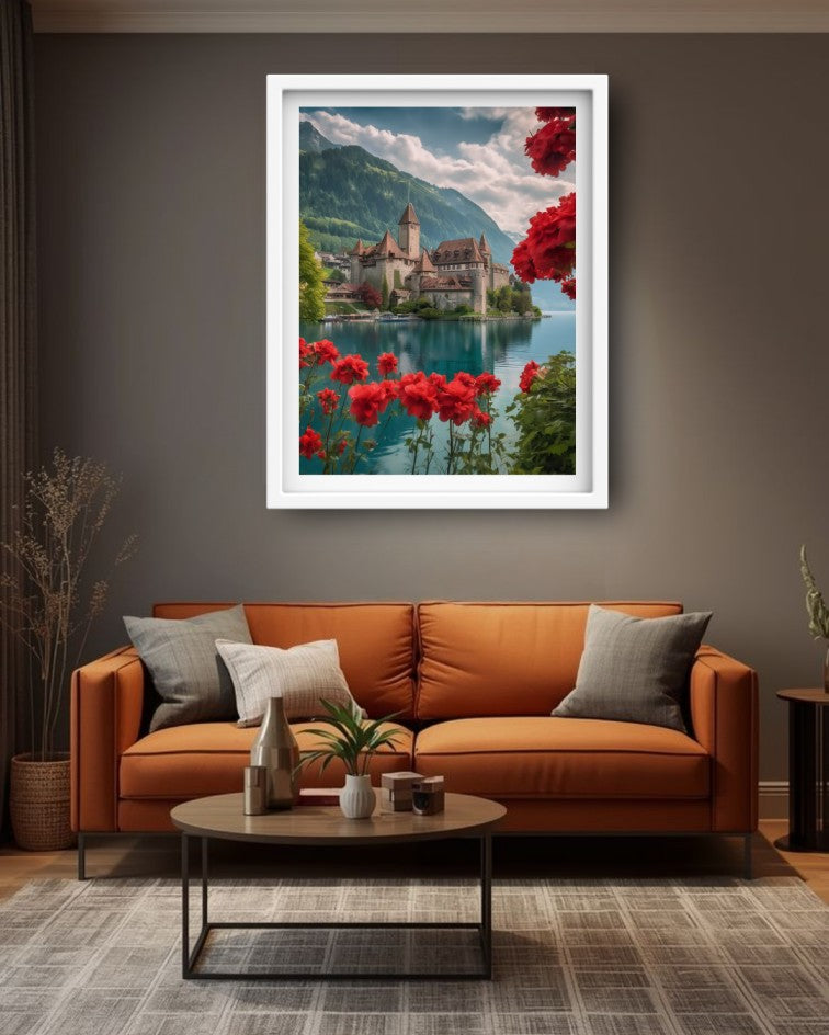 A framed wall art print depicting a scenic lake with a castle, green mountains, and bright red flowers, displayed above an orange-brown sofa in a modern living room setting.