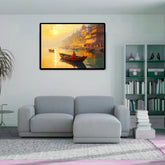 Varanasi ghat wall art canvas above sofa for living room decor
